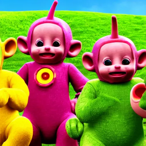 Image similar to Teletubbies eating worms and blood, highly detailed, sharp focus, octane render