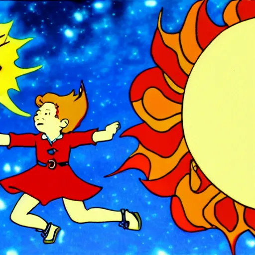 Prompt: screenshot of Ms. Frizzle accidentally ejecting a child into the sun, from The Magic School Bus (1994-1997), animated