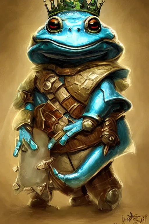 Image similar to cute anthropomorphic frog knight wearing a cape and a crown, tiny, small, miniature bear, baby animal, short, pale blue armor, cute and adorable, pretty, beautiful, DnD character art portrait, matte fantasy painting, DeviantArt Artstation, by Jason Felix by Steve Argyle by Tyler Jacobson by Peter Mohrbacher, cinematic lighting