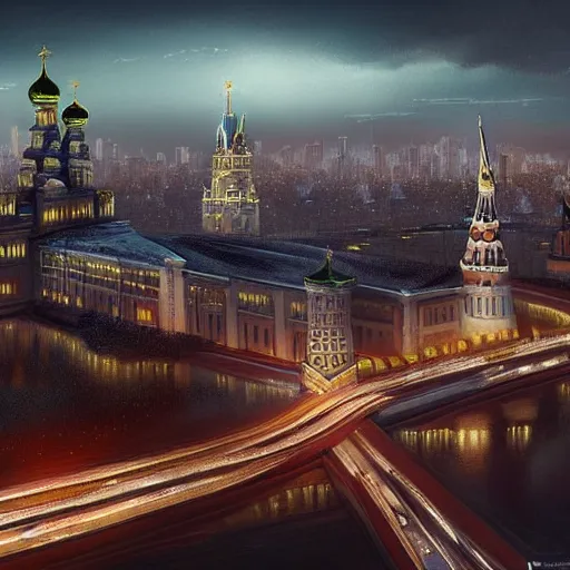 Image similar to a beautiful highly detailed matte painting of a night at Moscow city, by Jose Daniel Cabrera Pena and Leonid Kozienko concept art by Tooth Wuan