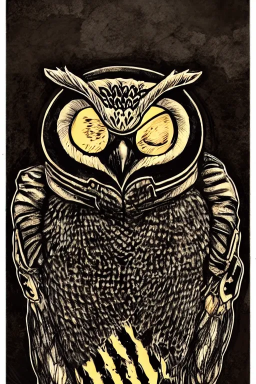 Image similar to owl wearing biker gang jacket with label which says hoo - ligan, portrait photo, full body, backlit, studio photo, golden ratio