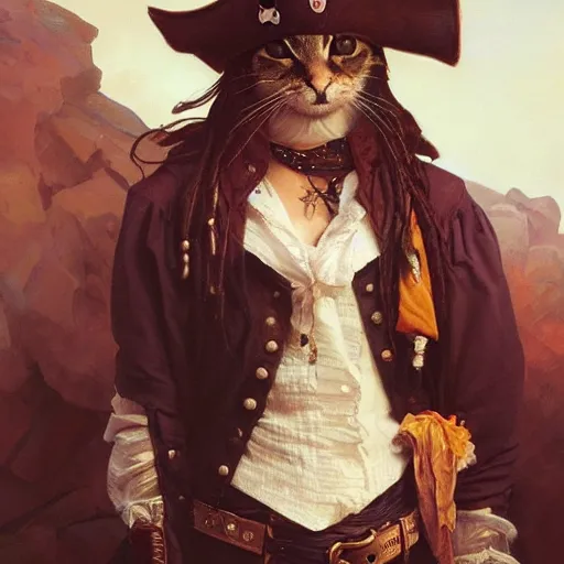 Image similar to Portrait of a Cat as a Pirate, photo, highly detailed oil painting, photorealistic, highly detailed, digital painting, artstation, concept art, smooth, sharp focus, illustration, art by artgerm and greg rutkowski and alphonse mucha