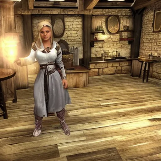 Image similar to Hyper realistic. MODESTLY CLOTHED White dragonborn barmaid in a tavern. Dragonborn. Dragonborn