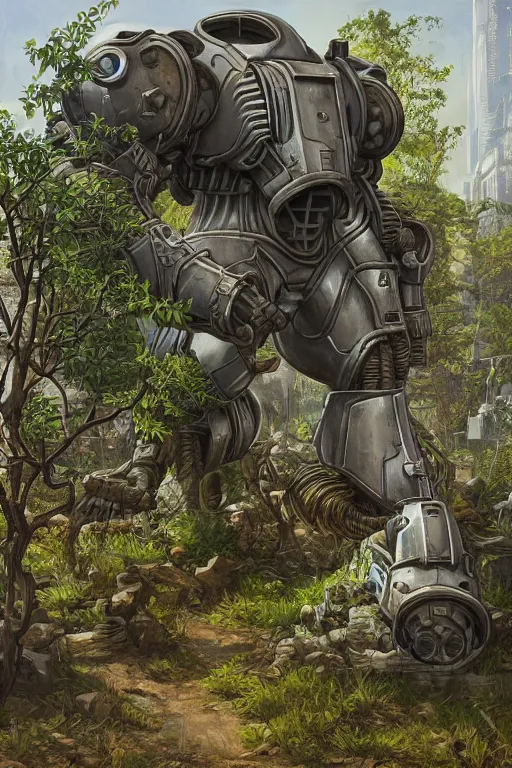 Image similar to Power armor enclave from Fallout 2 stands on a street overgrown with plants, high detail, digital painting, artstation, concept art, smooth, clear focus, illustrations, realism,