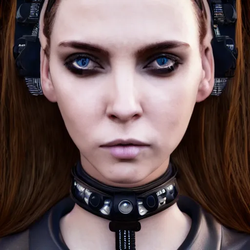 Image similar to detailed realistic female character cyberpunk wearing thick technological collar around neck, realistic, art, beautiful, 4K, collar, choker, collar around neck, punk, artstation, detailed, female, woman, choker, cyberpunk, punk, collar, choker, collar around neck,