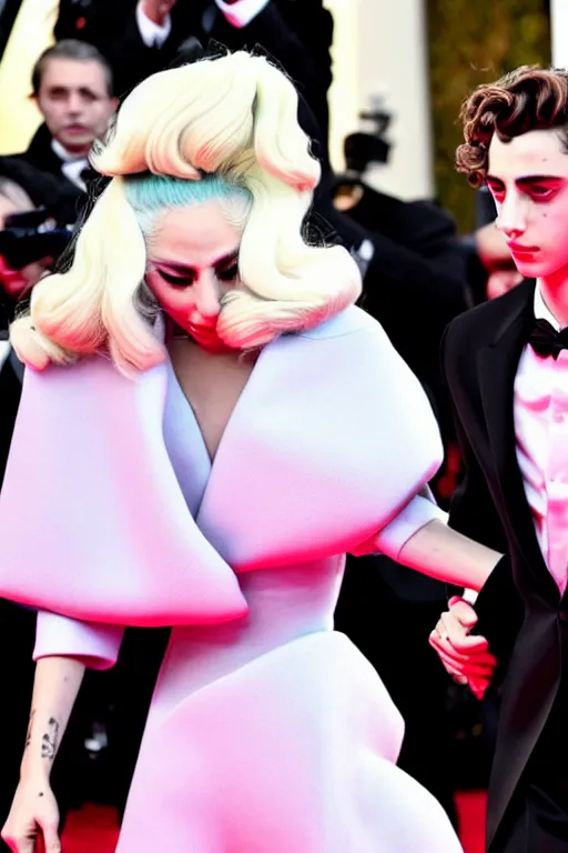 Image similar to timothee chalamet and lady gaga holding hands on the red carpet, beautiful detailed faces