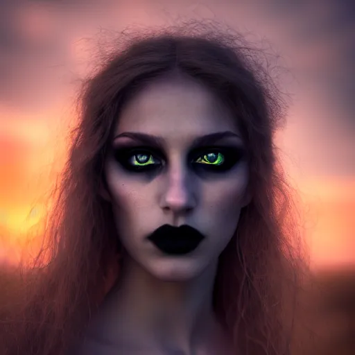 Image similar to photographic portrait of a stunningly beautiful gothic femalewith glowing eyes in soft dreamy light at sunset, contemporary fashion shoot, by edward robert hughes, annie leibovitz and steve mccurry, david lazar, jimmy nelsson, breathtaking, 8 k resolution, extremely detailed, beautiful, establishing shot, artistic, hyperrealistic, beautiful face, octane render