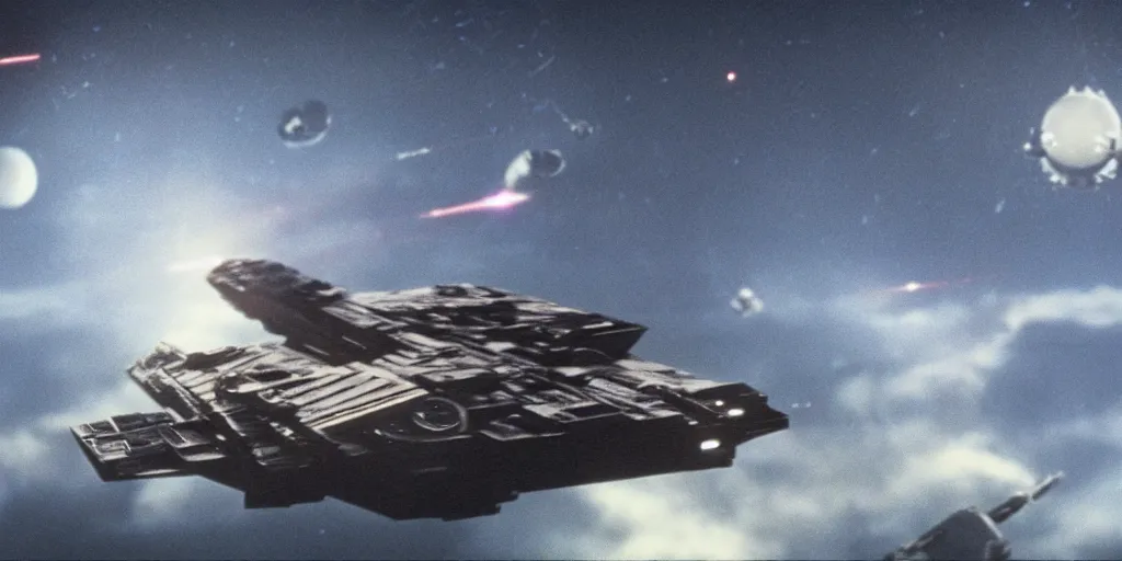 Image similar to a still from a film of a live action STAR WARS space battle far off in the distance over a giant space structure, 35mm, directed by George Lucas, miniatures, ILM