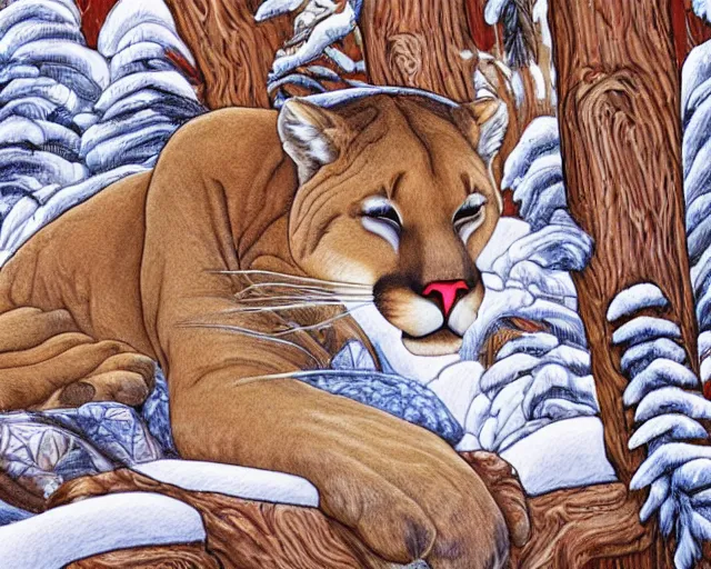 Image similar to colouring book showing 'a cougar sleeping in the middle of snowy pine tree' laying on coffee table, zoomed out shot, HD, iphone capture