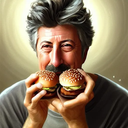 Image similar to portrait of dustin hoffman eating hamburgers, extra onions and ketchup, luscious patty with sesame seeds, feminine ethereal, handsome, d & d, fantasy, intricate, elegant, highly detailed, digital painting, artstation, concept art, matte, sharp focus, illustration, art by artgerm and greg rutkowski and alphonse mucha