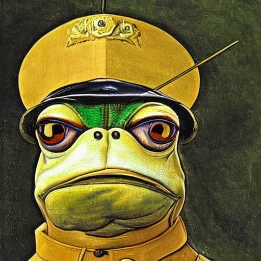 Image similar to pepe the frog as ww 1 german general, schirmmutzen, pickelhaube, elegant detailed painting by sandro botticelli, uncropped