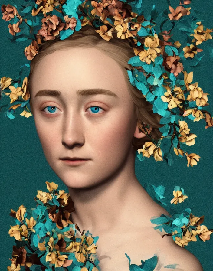Prompt: Saoirse Ronan ladybird portrait, leaves, flowers. baroque elements. intricate artwork by artstation. halo. octane render, cinematic, hyper realism, octane render, 8k, depth of field, bokeh. iridescent accents. vibrant. teal and gold and black colour scheme