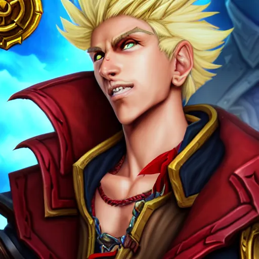 Prompt: Hearthstone official professional art. A vash blond male pirate using red long red rob and two guns inspired on triggun vash . Insanely coherent physical body parts (face, arms, legs, hair, eyes). Full body realistic, sharp focus, 8k high definition, insanely detailed, intricate, elegant, smooth, sharp focus, illustration, ArtStation