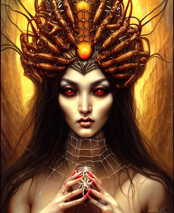 Image similar to spider goddess, ungodly horror, portrait, tarot card, ornate, digital art by artgerm and karol bak