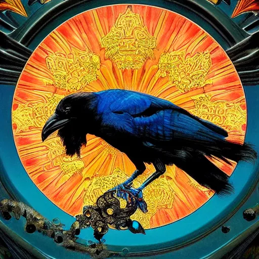 Prompt: photorealistic detailed raven animal portrait painting, twisting wisp of smoke, ornate dark turquoise and black and yellow ochre and orange background, circle, art by jon ching and alphonse mucha and louis sullivan and greg hildebrandt