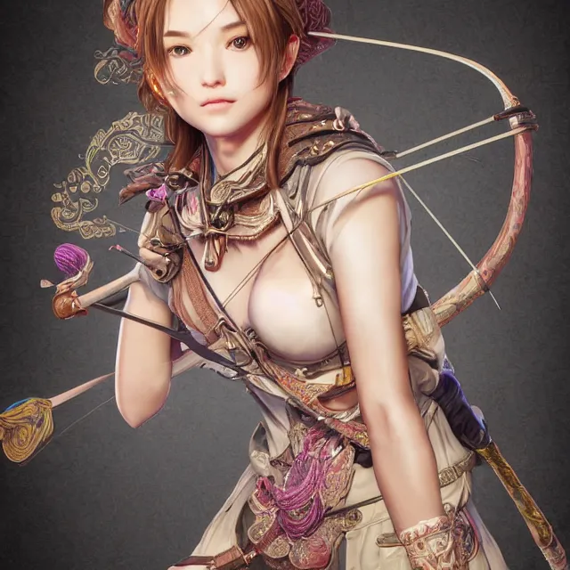 Image similar to the portrait of lawful neutral semi - colorful female archer socialite as absurdly beautiful, gorgeous, elegant, young gravure idol, an ultrafine hyperdetailed illustration by kim jung gi, irakli nadar, intricate linework, bright colors, octopath traveler, final fantasy, unreal engine 5 highly rendered, global illumination, radiant light, detailed and intricate environment