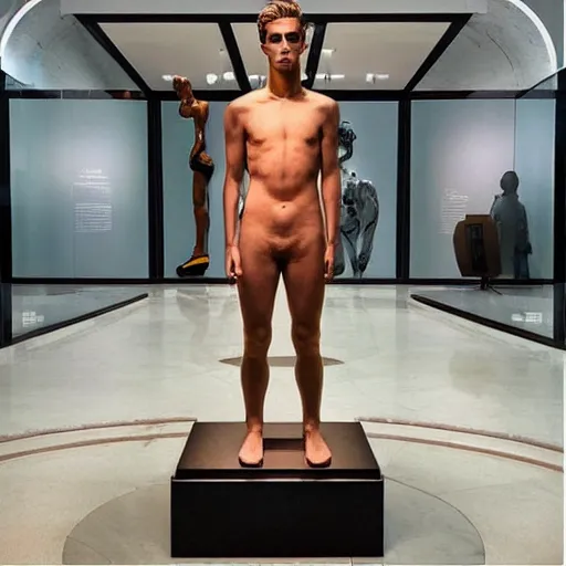 Image similar to “ a realistic detailed photo of a guy who is an attractive humanoid who is half robot and half humanoid, who is a male android, soccer player antoine griezmann, shiny skin, posing like a statue, blank stare, at the museum, on display ”