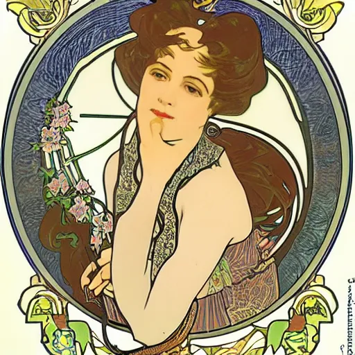 Prompt: narcissism in the style of alphonse mucha