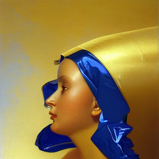 Prompt: a chrome woman's face in flowing sheets of cobalt blue gold chrome silver satin, by ivan aivazovsky syd mead moebius roger dean donato giancola michael whelan yoshitaka amano jan de heem pieter claesz paul delaroche alma tadema aelbert cuyp willem claesz isaac levitan, hyperrealistic volumetric light render