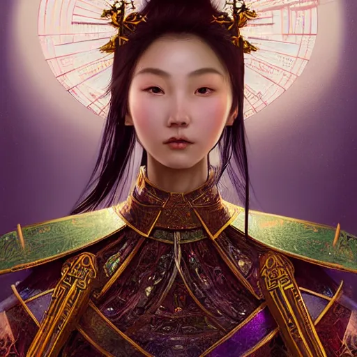 Image similar to beautiful and divine and holy and elite and colorlpunk young three kingdom chinese female armor knight portrait +shinnyy eyes+front face with light flowing hair, ultradetail face, art and illustration by tian zi and craig mullins and WLOP and alphonse mucha, fantasy, intricate complexity, human structure, human anatomy, fantasy character concept, watermark, blurry, hyperrealism 8k