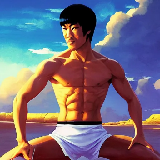 Image similar to bruce lee in lotus position on a beach background, behance hd by jesper ejsing, by rhads, makoto shinkai and lois van baarle, ilya kuvshinov, rossdraws global illumination radiating a glowing aura global illumination ray tracing hdr render in unreal engine 5