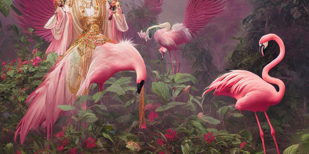 Image similar to breathtaking detailed concept art painting of the goddess of flamingo, orthodox saint, with anxious, piercing eyes, ornate background, amalgamation of leaves and flowers, by Hsiao-Ron Cheng and John James Audubon, extremely moody lighting, 8K