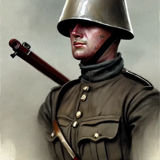 Prompt: german empire ww 1 stormtroper soldier looking forward drawn by greg rutkowski