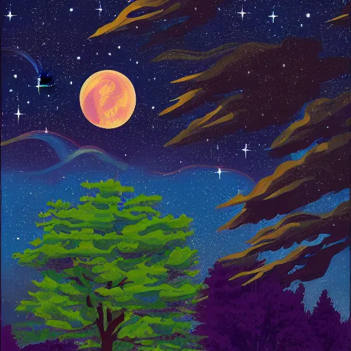 Image similar to a painting of a night sky with stars and trees, poster art by tim biskup, behance contest winner, space art, poster art, wallpaper, digital illustration