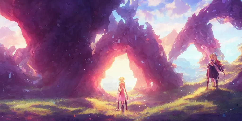 Image similar to isekai masterpiece by mandy jurgens, by irina french, by rachel walpole, by alyn spiller anime woman standing tree log looking up at giant crystals, high noon, cinematic, very warm colors, intense shadows, ominous clouds, anime illustration, anime screenshot composite background