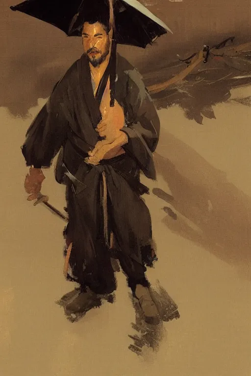 Image similar to portrit of a ninja on a rainy night by joaquin sorolla, greg rutkowski, hokusai