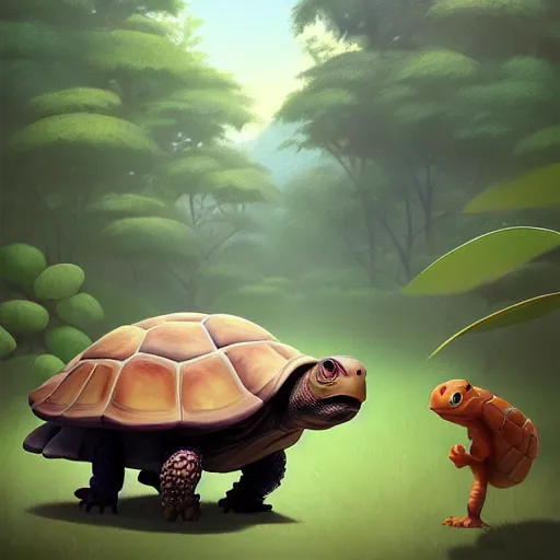 Prompt: Goro Fujita a portrait a cute tortoise walking happily through the jungle, painting by Goro Fujita, sharp focus, highly detailed, ArtStation