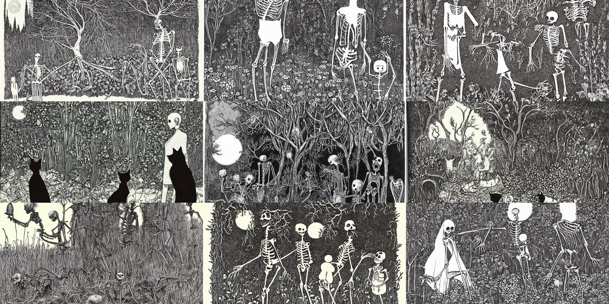 Prompt: creepy garden by edward gorey. book cover. skeleton, black cat, children