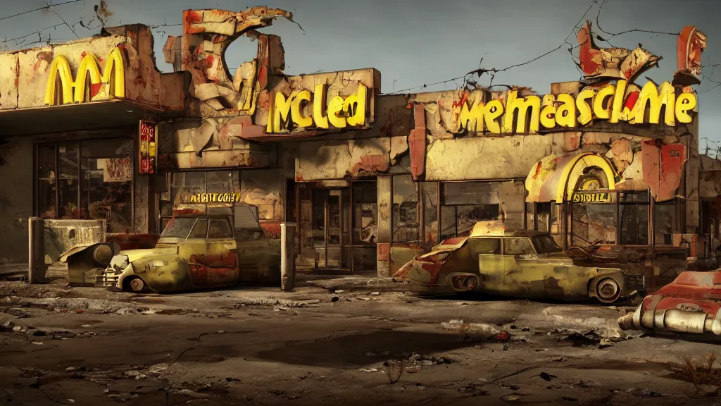 Image similar to post apocalyptic McDonalds, fallout, wasteland, octane render, 8k