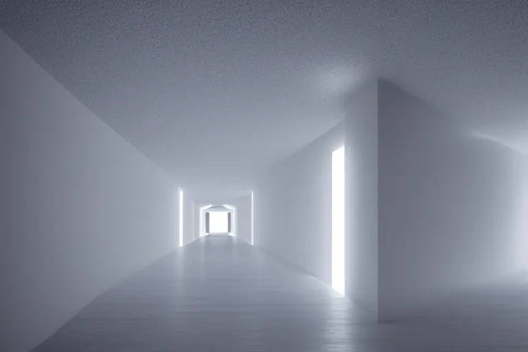 Prompt: a large and long foggy hallway with white walls and arches, art by james turrell, neon light, light and space, ambient occlusion, vray tracing, rendered in unreal engine, low angle view