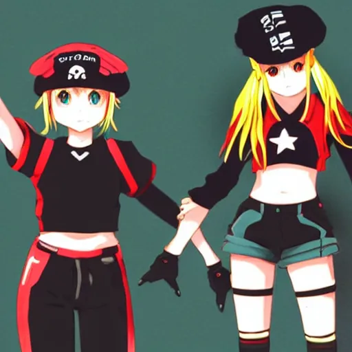 Image similar to 1 5 - year - old french anime girl, black beret with red star, black t - shirt with red star, black shorts, rollerblading, rollerskates, four humanoid bears, 2 0 0 1 anime, flcl, jet set radio future, golden hour, japanese town, cel - shaded, strong shadows, vivid hues, y 2 k aesthetic