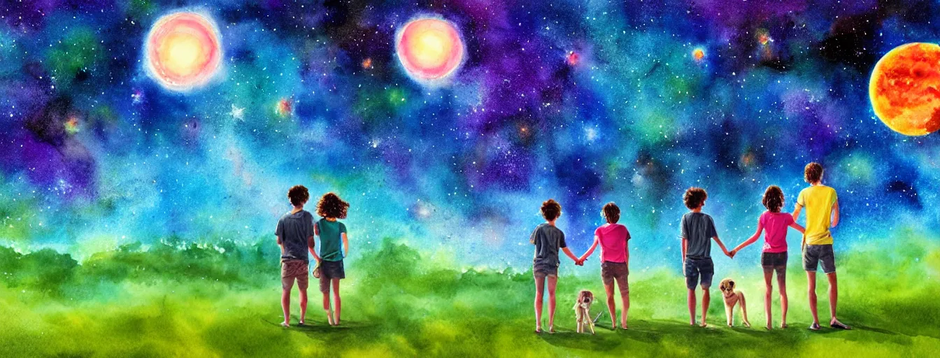 Image similar to rear view of a young couple and a kid standing in a small green planet, holding hands and a dog sitting next to them, looking to the night sky displaying an entire colorful universe, digital art, epic, colorful, highly detailed, watercolor