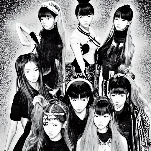 Image similar to blackpink k - pop group, wide angle, by kentaro miura