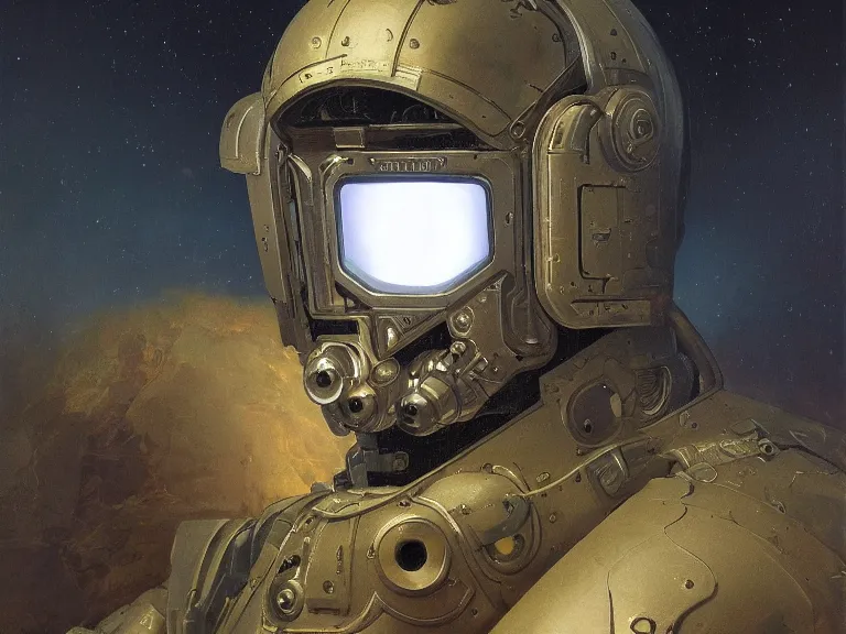 Image similar to a detailed profile oil painting of a humanoid soldier with reflective visor, flight suit, portrait symmetrical and science fiction dieselpunk theme with aurora lighting by beksinski carl spitzweg and tuomas korpi. baroque elements, full-length view. baroque element. intricate artwork by caravaggio. Trending on artstation. 8k