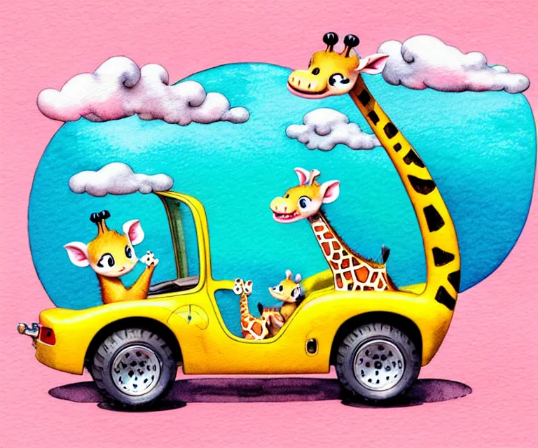Prompt: cute and funny, baby giraffe riding in a tiny hot rod with oversized engine, ratfink style by ed roth, centered award winning watercolor pen illustration, isometric illustration by chihiro iwasaki, edited by range murata, tiny details by artgerm and watercolor girl, symmetrically isometrically centered