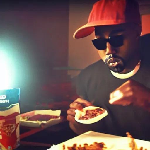 Image similar to blurry, gopro footage of kanye west eating at taco bell, cinematic, volumetric lighting, night, rain