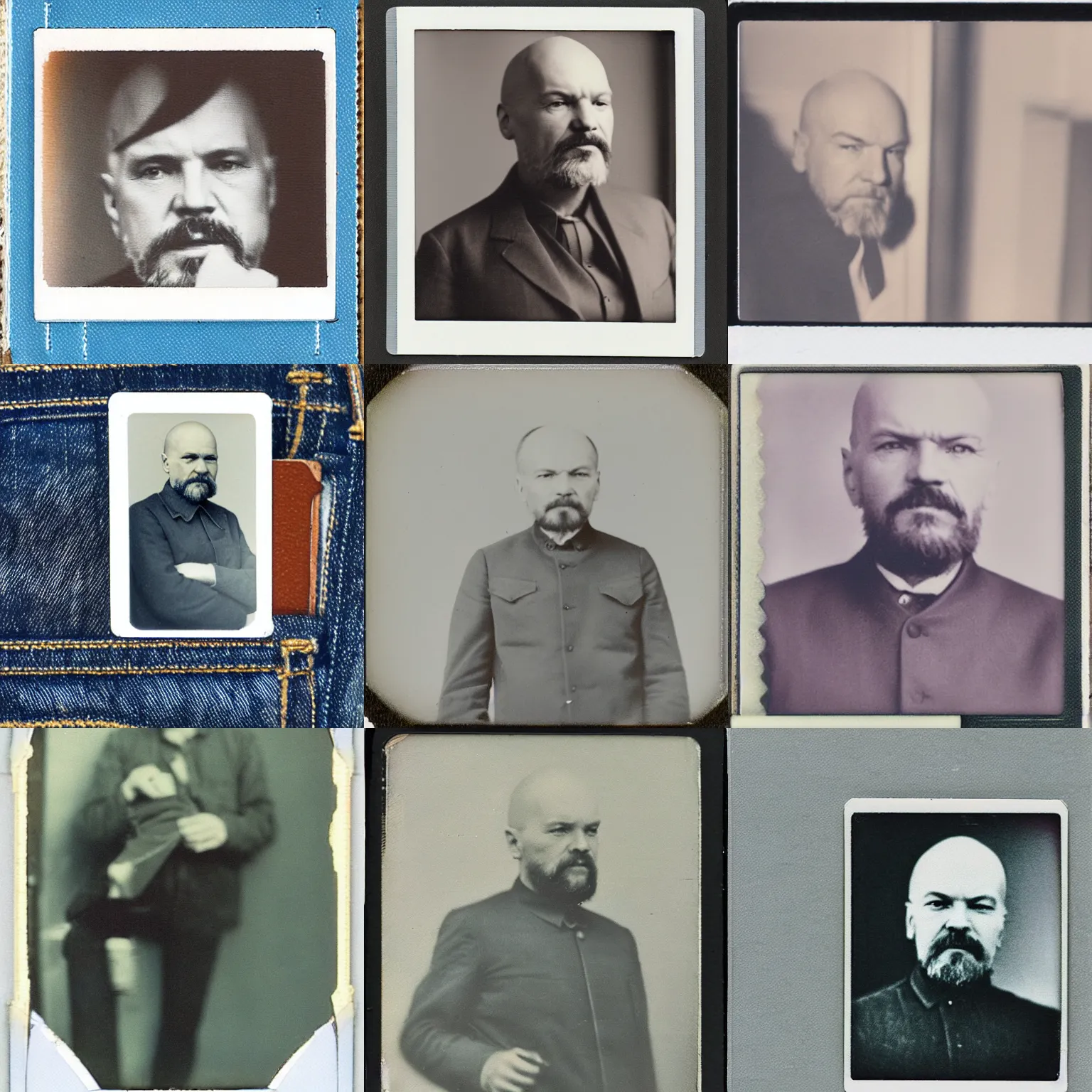 Prompt: a tiny polaroid pic of lenin peeking out of jeans pockets