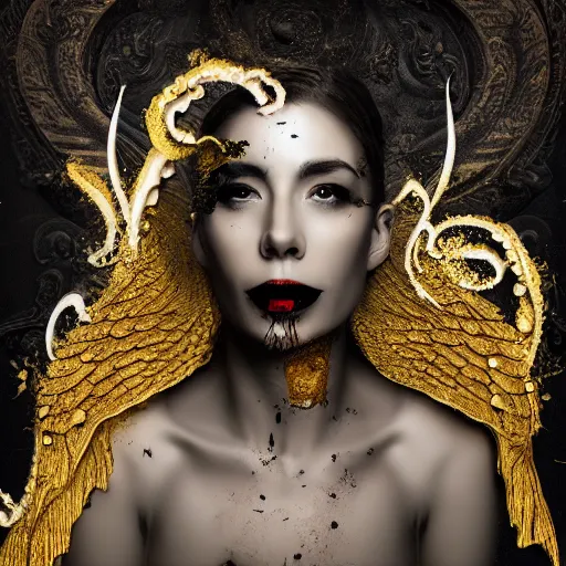 Prompt: Beautiful woman splattered in black ink, baroque tentacles around her neck, broken wings, ashes, tears, gold smoke, 8k, realistic, octane render