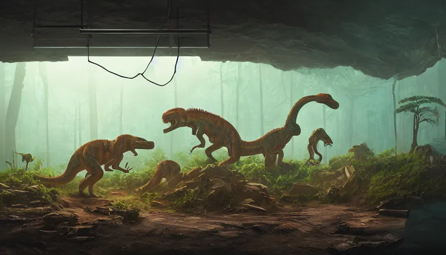 Prompt: a closed terrarium of jurassic animals on a wooden table, an epic fantasy, dramatic lighting, cinematic, extremely high detail, photorealistic, cinematic lighting, artstation, by simon stalenhag, horizon forbidden west