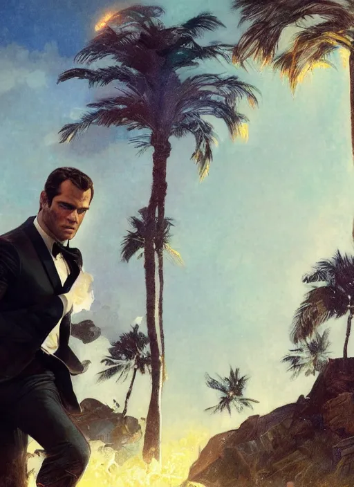 Image similar to portrait of henry cavill as james bond, key art, sprinting, palm trees, explosion, highly detailed, digital painting, artstation, concept art, cinematic lighting, sharp focus, illustration, by gaston bussiere alphonse mucha