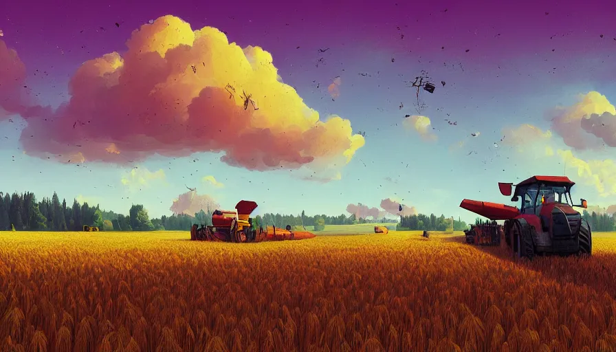 Prompt: colourful sky, wheat field, harvesting machines, big tree, matte painting, art station, digital art, simon stalenhag