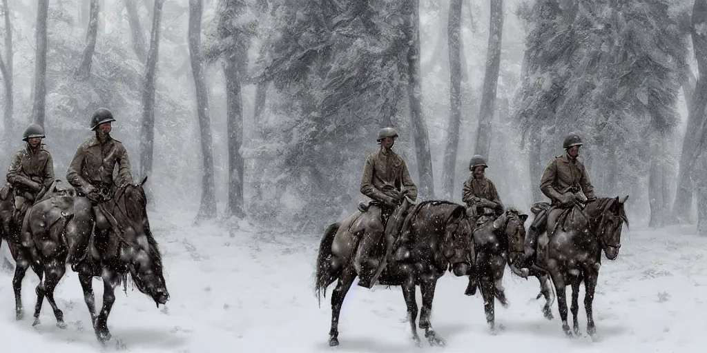 Image similar to a cinematic movie still render of ww 2 1 9 4 3 soldiers on horse back in a snowy forest of dead trees, snow covered ww 2 soldiers riding horses through a snow storm in a forest, octane render by greg rutkowski, digital render