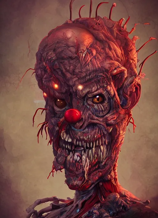 Image similar to evil horror clown, monster anatomy, ross tran, vivid colors, anatomical, highly detailed sculpture, intricate detailed, ommatidia, 8 k, cinematic atmosphere, post - processing