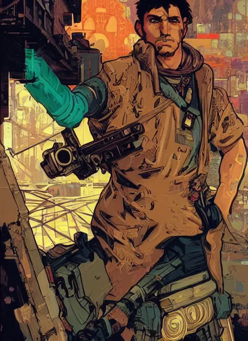 Image similar to hector. cyberpunk mercenary with scenic background. portrait illustration, pop art, splash painting, art by ashley wood, alphonse mucha, laurie greasley and josan gonzales. cinematic. beautiful lighting.