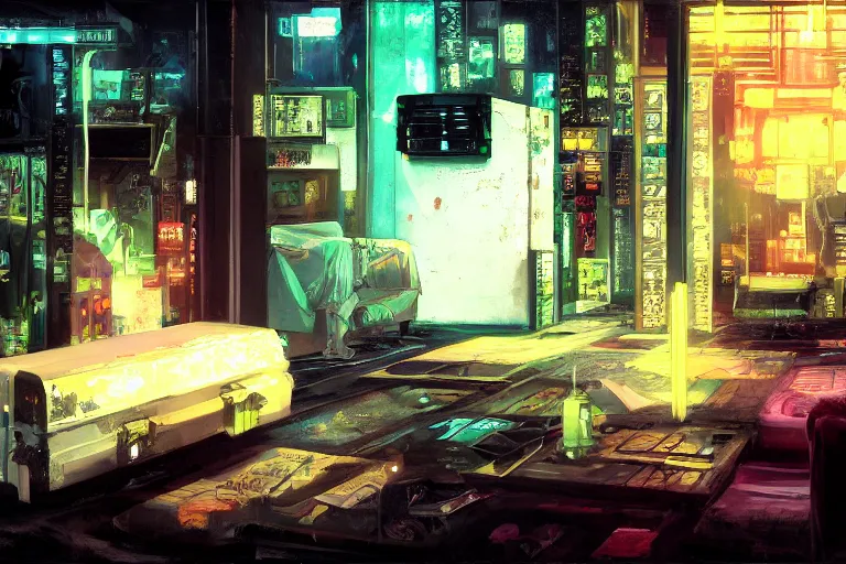 Image similar to Oil painting of cyberpunk funeral home interior, coffin laying in the middle, 4k, art by Hans Rudolf Geiger and Shirow Masamune, still from anime Serial Experiments Lain, sad atmosphere, moody neon lighting, lots of cigarette smoke