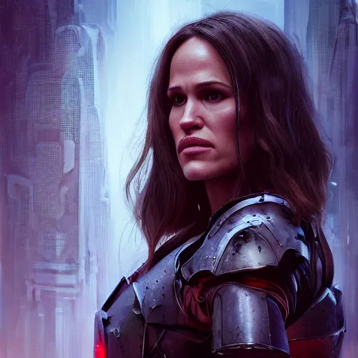 Prompt: jennifer garner portrait, dystopia core, apocalyptic, armor, warrior, dramatic, sharp focus, fiction, neon, fantasy, hyper detailed, digital art, trending in artstation, cinematic lighting, studio quality, smooth render, unreal engine 5 rendered, octane rendered, art style and nixeu and wlop and krenz cushart